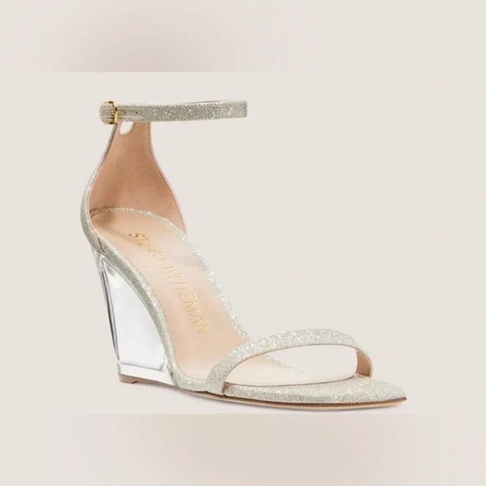 STUART WEITZMAN Nudistlucite Wedge Sandal NEW $350 Ankle Strap Silver Size 9B